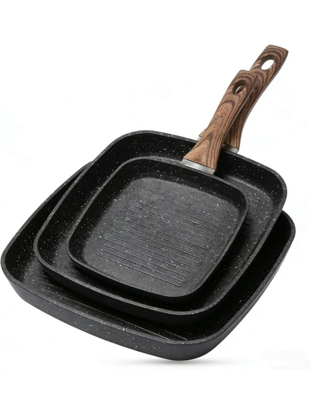 Versatile Nonstick Grill Pan Set - 3 Square Skillets with Wooden Handles, PFOA
